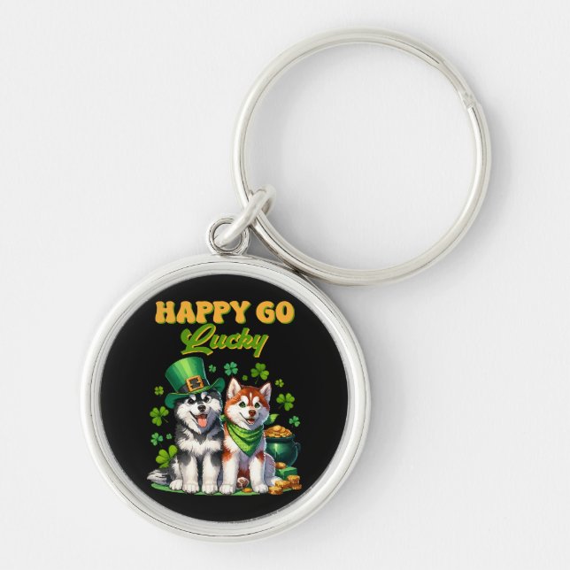 Glad Och Lycklig Söt Husky St. Patricks Day Rund Silverfärgad Nyckelring (Framsidan)