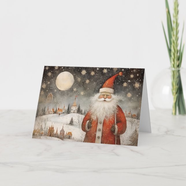 Glad och nyckfull tomte i en snöig by kort (Framsida)