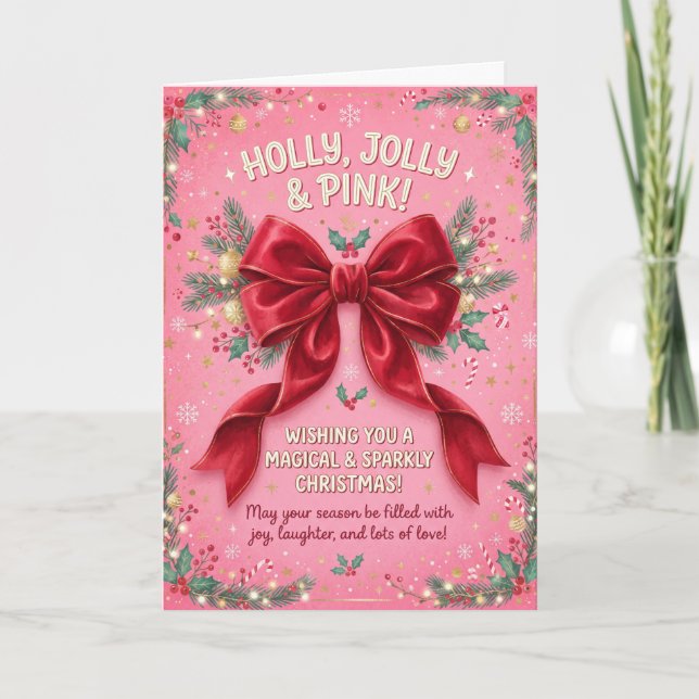 Glad och rolig rosa julkort med rosett kort (Framsida)