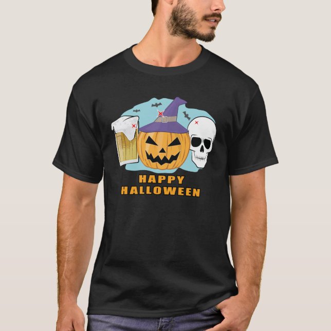 Glad öl Halloween - Kuslig dödskalle och pumpa T Shirt (Framsida)