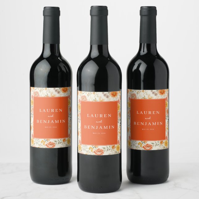 Glad Orange Blommig Vinflaska Etikett (Flaskor)