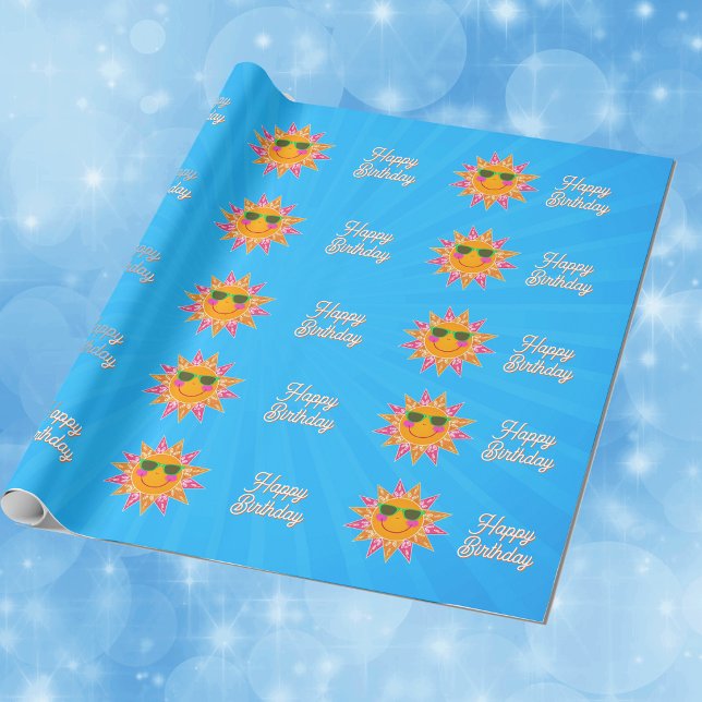 Glad Orange Festiv Sol Rosa Gul Strålar Födelsedag Presentpapper (Happy orange sun pink yellow triangle rays on Happy Birthday blue wrapping paper roll.)