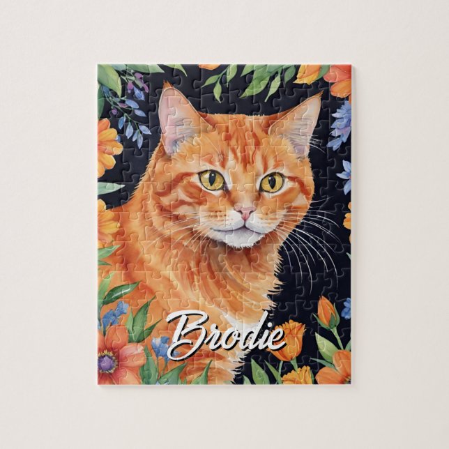 Glad Orange Katt Djurporträtt Akvarell Pussel (Vertikal)