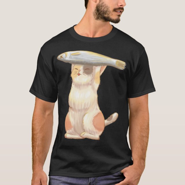Glad Orange Katt med Fisk T Shirt (Framsida)