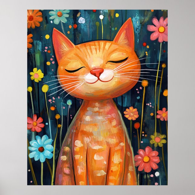 Glad Orange Katt Whimsical Blommor Poster (Framsidan)