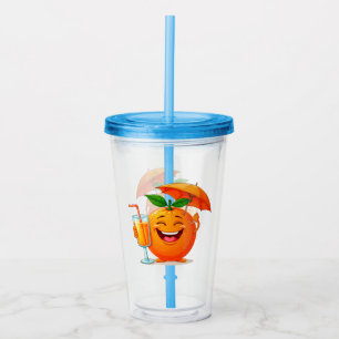 Glad orange seriefigur som håller juice take away mugg