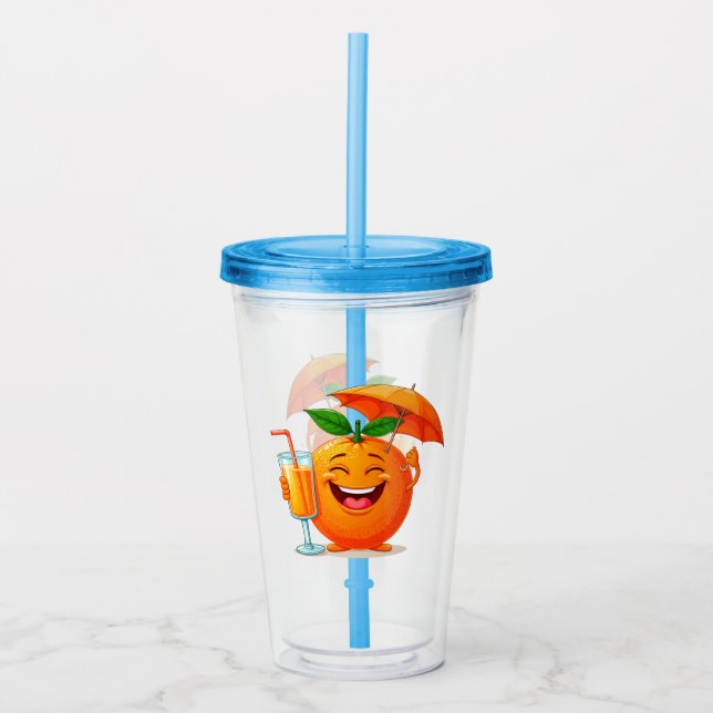 Glad orange seriefigur som håller juice take away mugg (Framsida)