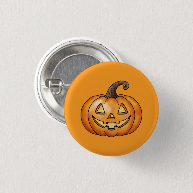 Glad Orange Tecknad Halloweenpumpa Knapp (Framsida & baksida)