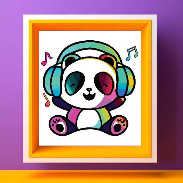 Glad panda med hörlurar som lyssnar på musik. fototryck (Happy Panda with headphones listening to music. Photo Print)