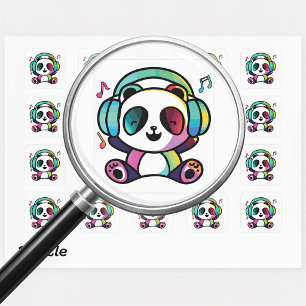 Glad panda med hörlurar som lyssnar på musik. fyrkantigt klistermärke