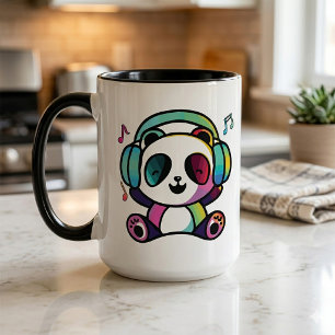 Glad panda med hörlurar som lyssnar på musik. mugg