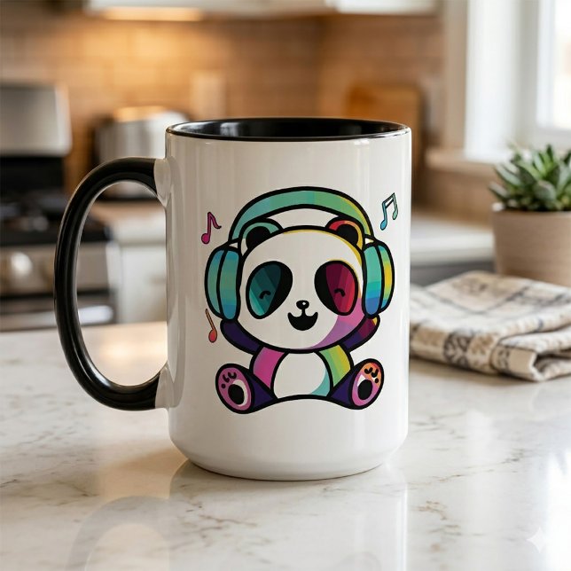Glad panda med hörlurar som lyssnar på musik. mugg (Happy Panda with headphones listening to music. Mug)