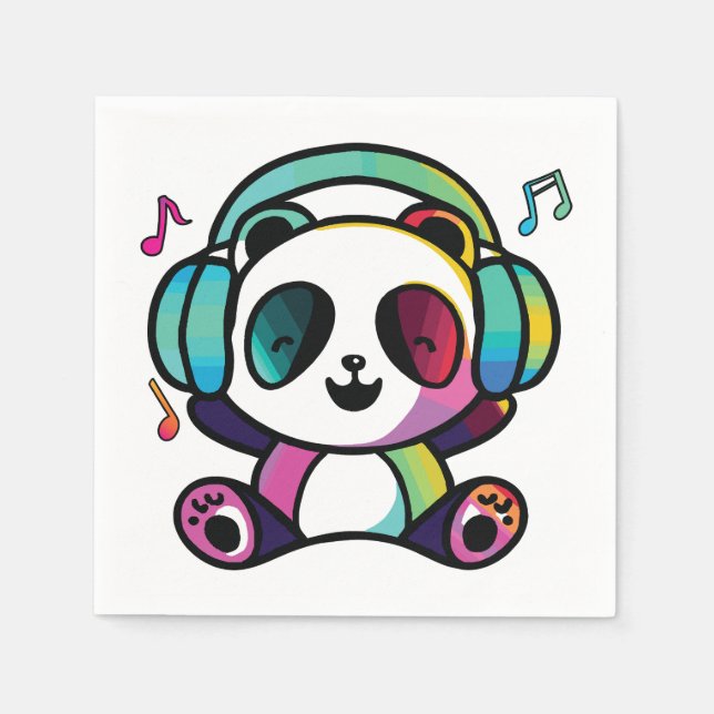 Glad panda med hörlurar som lyssnar på musik.  pappersservett (Framsidan)