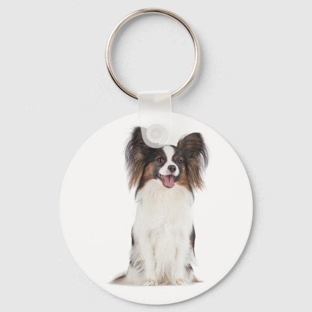 Glad Papillon Brun och Vit Valp Hund Nyckelring (Framsida)