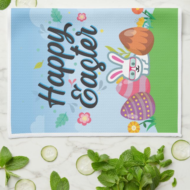 Glad Påsk Ägg Kanin & Blommor Kökshandduk (Vikta)