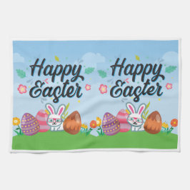 Glad Påsk Ägg Kanin & Blommor Kökshandduk