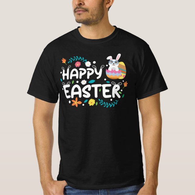 Glad påsk, ägg, kanin & blommor t shirt (Framsida)