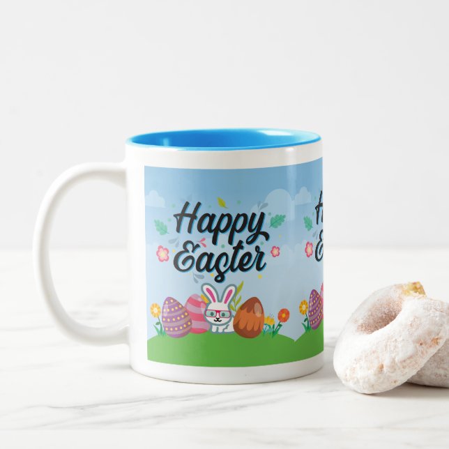Glad Påsk Ägg Kanin & Blommor Två-Tonad Mugg (Med munk)