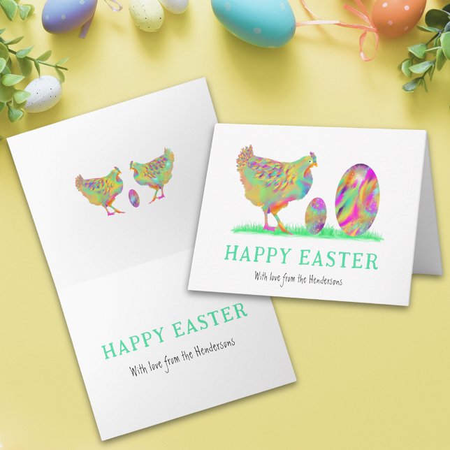 Glad påsk ägg, vattenfärg helgkort (Funny custom happy Easter cute hen and eggs colorful watercolor folded greetings card)