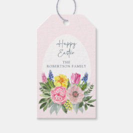 Glad påsk, akvarell blommor, påskägg presentetikett