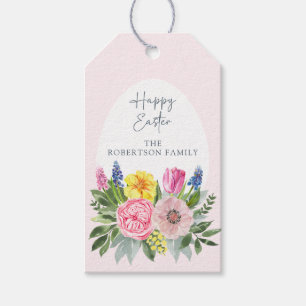 Glad påsk, akvarell blommor, påskägg presentetikett