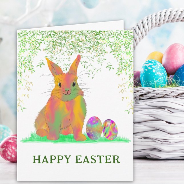 Glad Påsk Akvarell Söt Kanin och Ägg Helgkort (Happy Easter Cute Bunny & Egg Colorful Watercolor Folded holiday greetings card)
