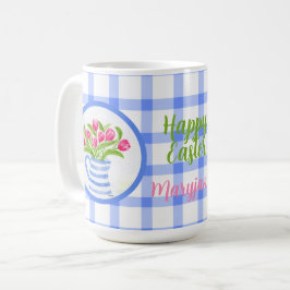 Glad Påsk Akvarell Tulpaner Blå Rand Kaffemugg