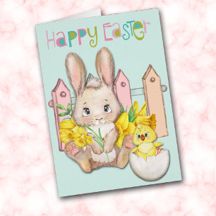 Glad påsk Baby Bunny och Chick med Daffodils Hälsningskort
