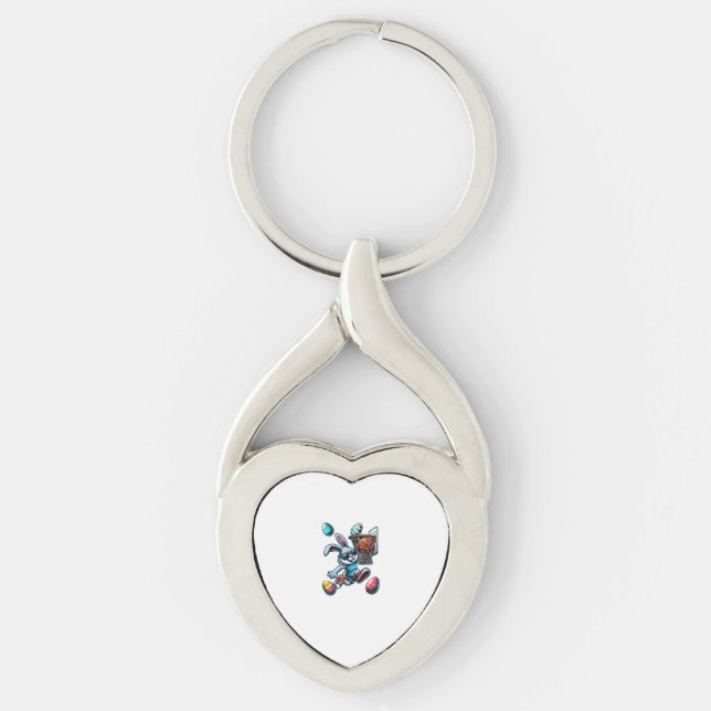 Glad påsk Basketpojkar Påskharen Rolig Ea Twisted Heart Silverfärgad Nyckelring (Framsidan)