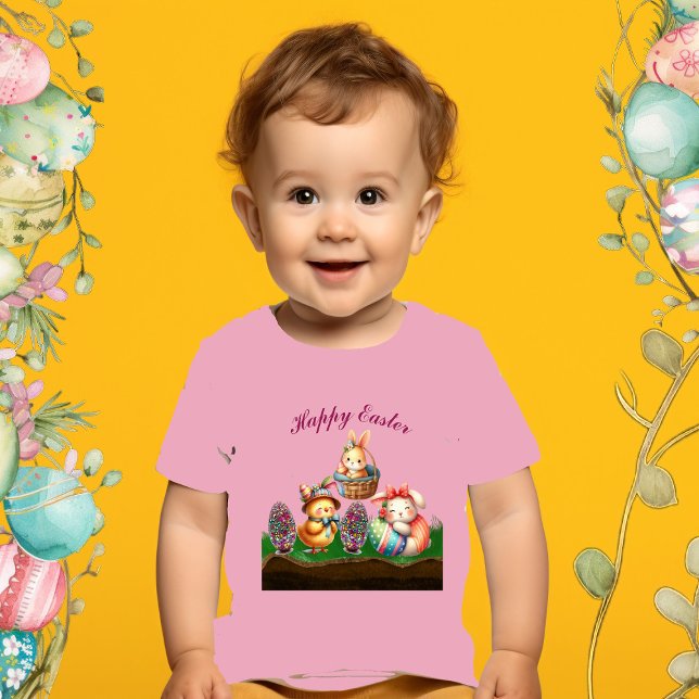 Glad Påsk Bebis Djur Chick Kanin Ägg Korg T Shirt (Happy Easter Baby Animals Chick Rabbit Eggs Basket Baby T-Shirt)