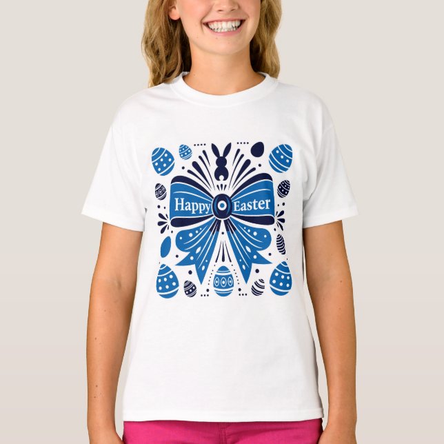 Glad påsk Blå band Folkkonst Kanin & Ägg Vår T Shirt (Framsida)