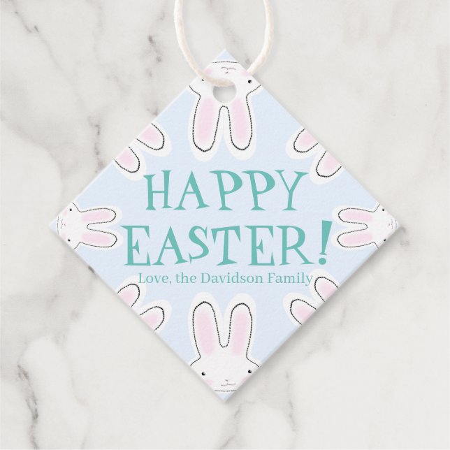 Glad påsk blek blå, gullig, söt, peekande bunnies gåvor etiketter (Framsida)