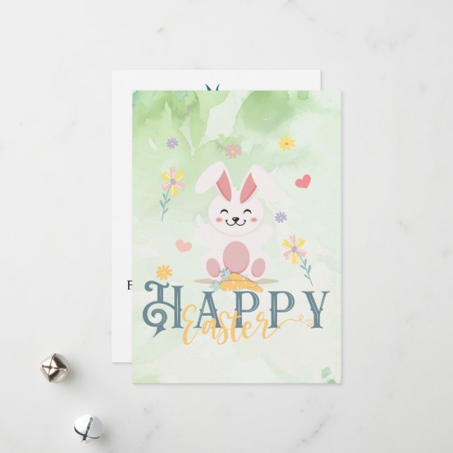 Glad påsk Blommigt Grönt Bunny Editable Julkort (Fram/Back In Situ)