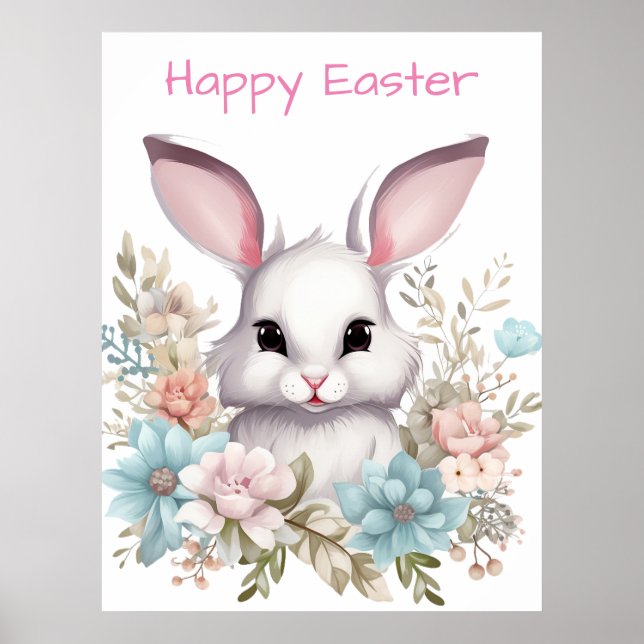 Glad påsk Blommigt Påskhare Rabbit Poster (Framsidan)