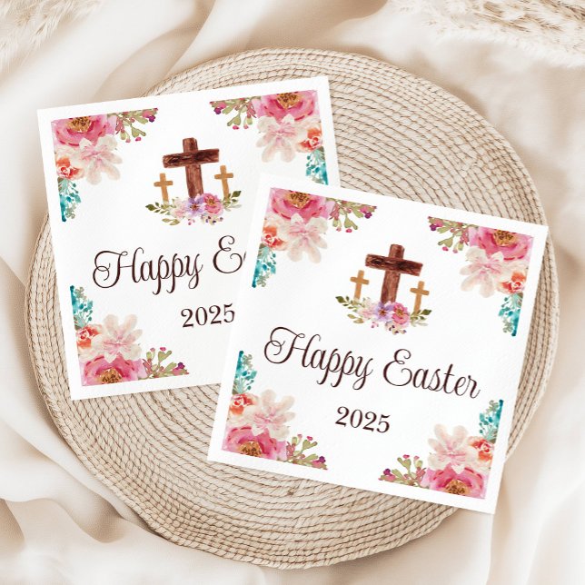 Glad påsk Blommigt Watercolor Religiösa Kor Pappersservett (Happy Easter Floral Watercolor Religious Cross Napkins)