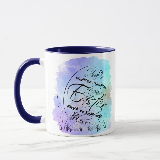 Glad påsk Blue Lila Calligraphy Illustration Mugg (Vänster)