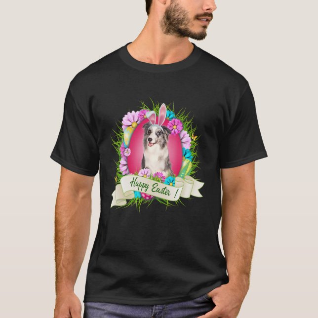 Glad påsk Blue Merle Collie Wearing Bunny Ear E T Shirt (Framsida)