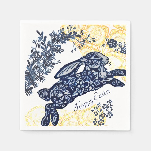 Glad påsk Blue White Gult Rabbit Chinoiserie Pappersservett (Framsidan)