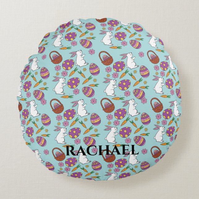 Glad påsk Bunnies Blommönster Egg SpringBlue Rund Kudde (Framsidan)