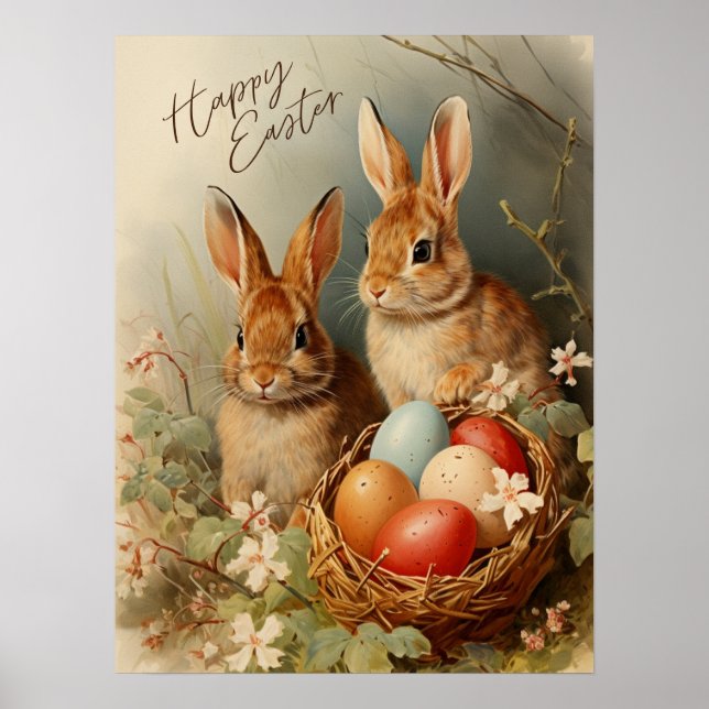 Glad påsk Bunnies och Påskägg Basket Poster (Framsidan)