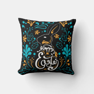 Glad påsk Bunny, Artsy Abstrakt Blommigt, Black Kudde