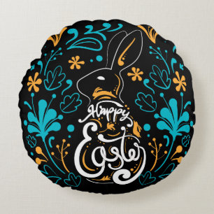Glad påsk Bunny, Artsy Abstrakt Blommigt, Black Rund Kudde