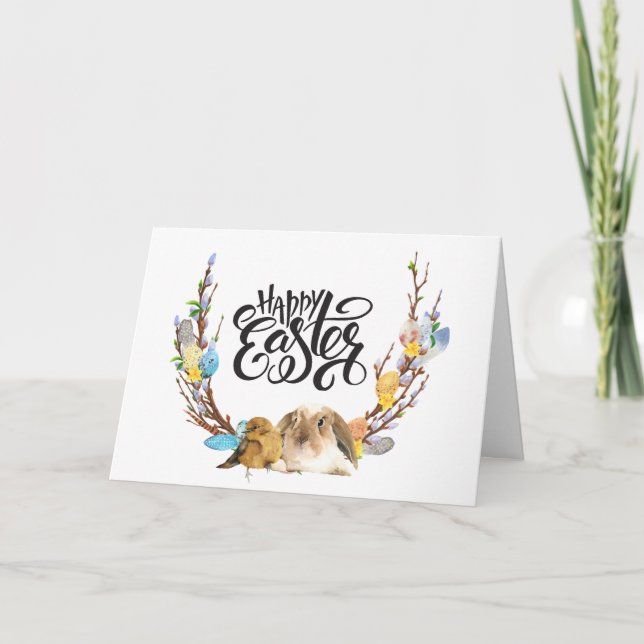 Glad påsk | Bunny Baby Chick med Willow gren Helgkort (Framsida)