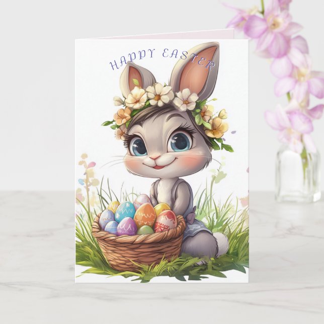 Glad påsk Bunny Basket Eggs Flowers Kort (Orkide)