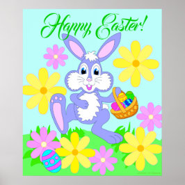 Glad påsk Bunny Cute Tecknad Rabbit Flowers Poster