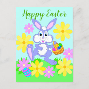 Glad påsk Bunny Cute Tecknad Rabbit Flowers Vykort