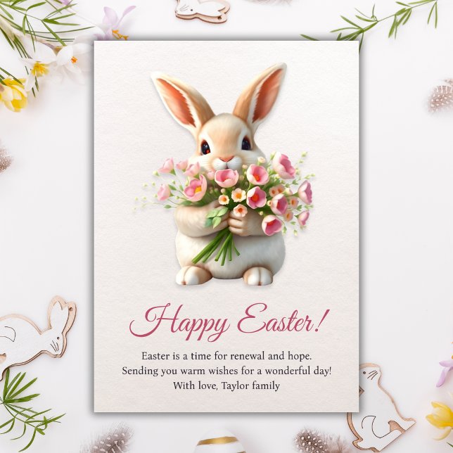 Glad påsk Bunny Cute Vår Flower Rosa Tulip Julkort (Happy Easter Bunny Cute Spring Flower Pink Tulip Holiday Card)