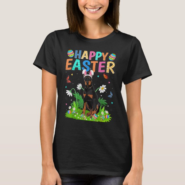Glad påsk Bunny Egg Funny Doberman Hund Påsk S T Shirt (Framsida)