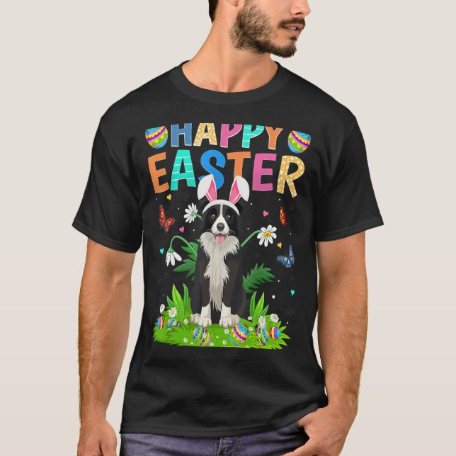 Glad påsk Bunny Egg Funny Gräns Collie Hund Eas T Shirt (Framsida)