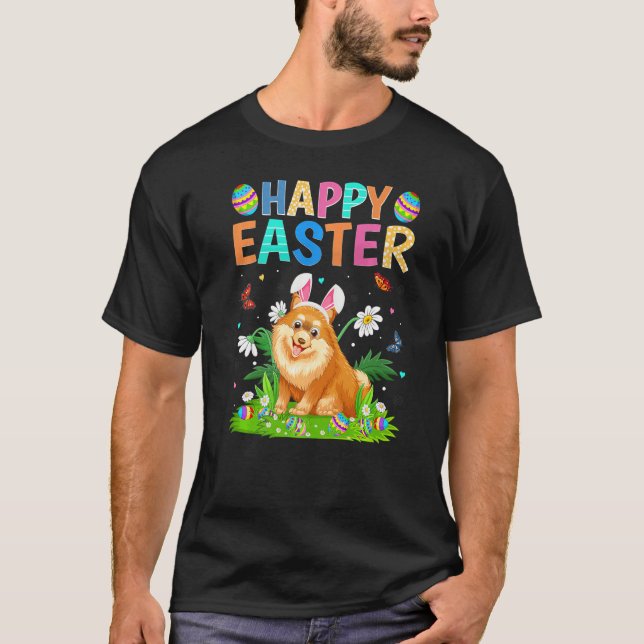 Glad påsk Bunny Egg Funny Pommern Hund Påsk T Shirt (Framsida)